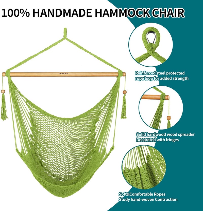 JoyView Hammock Chair with Spreader Bar Caribbean Hammock Swing Chair 300 LBS Weight Capacity XL Rope Hanging Chair for Outdoor Indoor Garden Yard - Light Green - Image 4